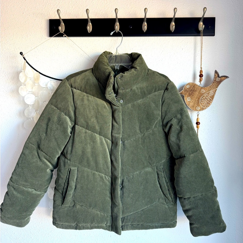 Military Green Ribbed Puffer Jacket